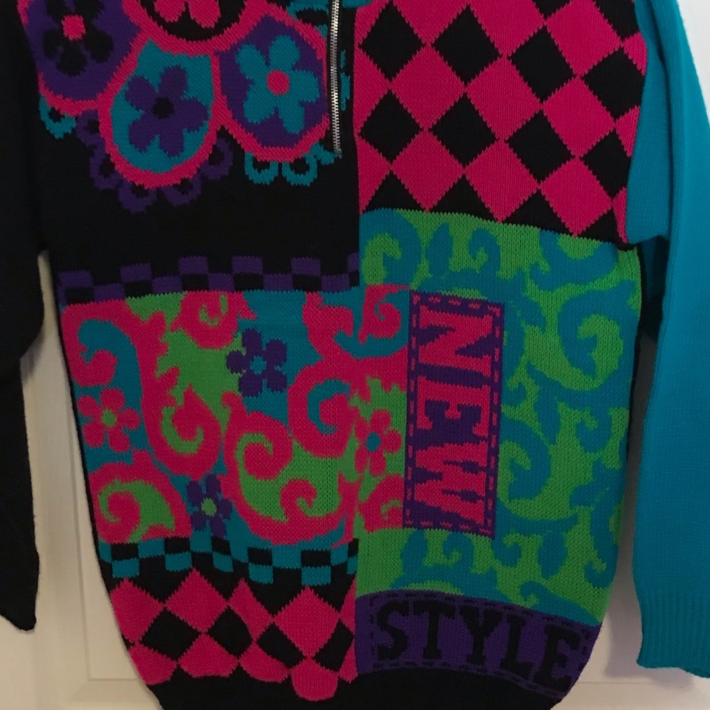 Vintage GIRLS Neon Color Block Mix Pattern Cable Knit Chunky  3/4 Zip Sweater - Picture 5 of 9